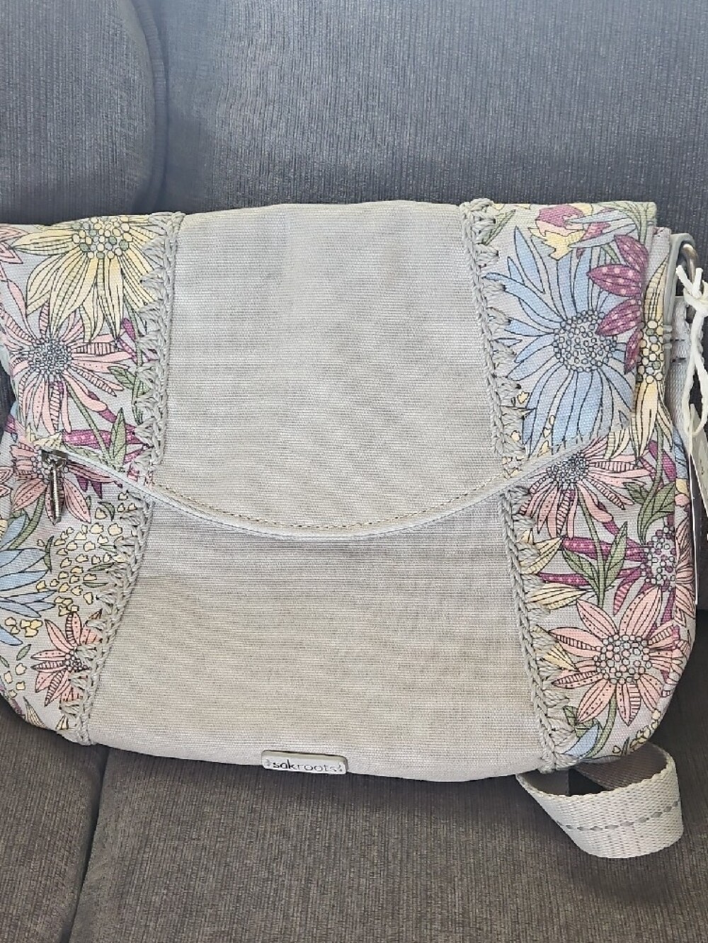 Sakroots Light Gray Crossbody with Pastel Floral Panels